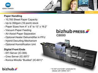 Paper Handling - 10,760 Sheet Paper Capacity - Up to 350gsm (16 point) stock - Paper Sizes from 4” x 6” to 13” x 19.2” - Vacuum Paper Feeding - Air-Assist Paper Separation - Optional Heater Dehumidifier in PFU  - Hybrid Decurling Mechanism - Optional Humidification Unit Digital Front Ends - EFI Server (IC-306) - Creo Server (IC-307)* - Konica Minolta “Bustled” (IC-601)* * IC-307 and IC-601 scheduled for release with C8000 1Q11 