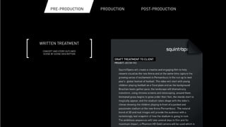 PRE-PRODUCTION			 PRODUCTION			 POST-PRODUCTIONPRE-PRODUCTION		
WRITTEN TREATMENT
CONCEPT AND STORY OUTLINED
SCENE BY SCENE DESCRIPTION
 