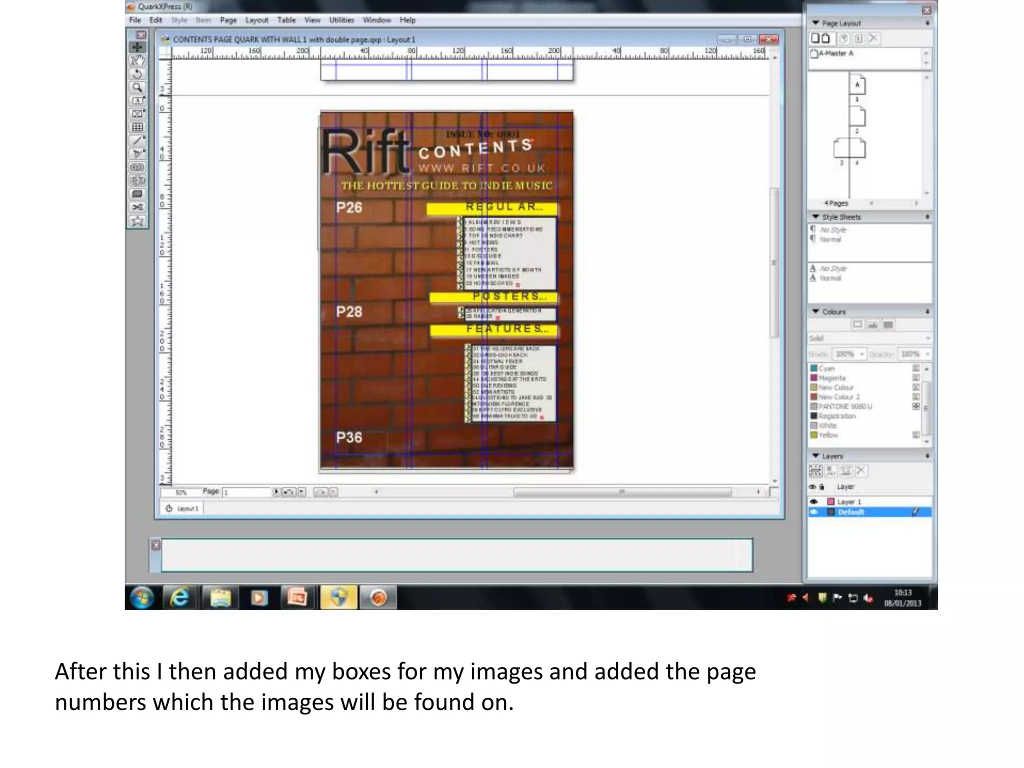 After this I then added my boxes for my images and added the page
numbers which the images will be found on.