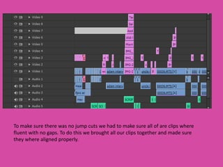 To make sure there was no jump cuts we had to make sure all of are clips where
fluent with no gaps. To do this we brought all our clips together and made sure
they where aligned properly.
 
