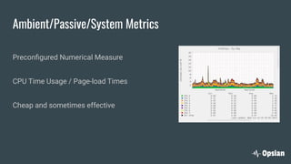 Ambient/Passive/System Metrics
Preconﬁgured Numerical Measure
CPU Time Usage / Page-load Times
Cheap and sometimes effective
 