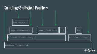 Sampling/Statistical Proﬁlers
WebServerThread.run()
Controller.doSomething() Controller.next()
Repo.readPerson()
new Person()
View.printHtml() ??? ???
 