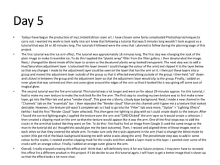Day 5
• Today I have begun the production of my Limited Edition cover art. I have chosen some fairly complicated Photoshop techniques to
carry out. I wanted my work to look really nice so I knew that following a tutorial that was 5 minutes long wouldn’t look as good as a
tutorial that was 20 or 30 minutes long. The tutorials I followed were the ones that I planned to follow during the planning stage of this
project.
• The first tutorial was the ice arm effect. The tutorial was approximately 18 minutes long. The first step was changing the look of the
plain image to make it resemble ice. To do this I applied the “plastic wrap” filter from the filter gallery. I then desaturated the image.
Next, I changed the blend mode of the layer to screen so the desatured plastic wrap looked transparent. The next step was to add a
Hue/Saturation adjustment layer. I colourized this layer (meant I could change the colour of the arm) and clipped it to the layer below
so that any changes I made to the adjustment layer could be seen on the layer that has the arm on it. I then put these layers into a
group and moved the adjustment layer outside of the group so that it effected everything outside of the group. I then held “alt” down
and clicked in between the group and the adjustment layer so that the adjustment layer would clip to the group. Finally, I added an
inner glow that was centred and then and outer glow around the edges of the arm so that it looked like it was giving off some sort of
magical glow.
• The second tutorial was the fire arm tutorial. This tutorial was a lot longer and went on for about 29 minutes approx. For this tutorial, I
had to make my own texture to make the rock look for the fire arm. The first step to creating my own texture was to first make a new
layer, go into the filter tab and press “render cloud”. This gave me a blurry, cloudy type background. Next, I made a new channel in the
“Channels” tab on the “essentials” bar. I then repeated the “Render cloud” filter on this channel until it gave me a a texture that looked
desirable. However, the texture still wasn’t complete yet so I had to go into the “Filter” tab once more, “Stylize” > “Lighting Effects”
(whilst I had the first “Render Cloud” layer selected). This then gave me lighting to play with so I could create depth to the texture. After
I found the correct lighting angle, I applied the texture over the arm and “CMD Clicked” the arm layer so it would create a selection. I
then created a clipping mask on the arm so that the texture would appear like it was the arm. One of the final steps was to add the
cracks in the arm that looked like they were on fire. To do this I first had to find an image from Google (I used the same image as the
man in the tutorial did as I thought this would give me the best outcome). Then, I resized and aligned three of these images next to
each other so that they covered the whole arm. To make sure only the cracks appeared in the arm I had to change the blend mode to
screen (this got rid of the black background leaving me with white cracks along the arm). The penultimate step was to add in some
colour to the cracks. I created another clipping mask for the cracks and then added a layer mask to this layer. I painted over some of the
cracks with an orange colour. Finally, I added an orange outer glow to the arm.
• Overall, I really enjoyed creating this effect and I think that I will definitely retry it for any future projects. I may even have to recreate
this effect fro a different product in this project. If I do decide to use this tutorial again, I will have to get a better image that is closer up
so that the effect looks a lot more clear.
 