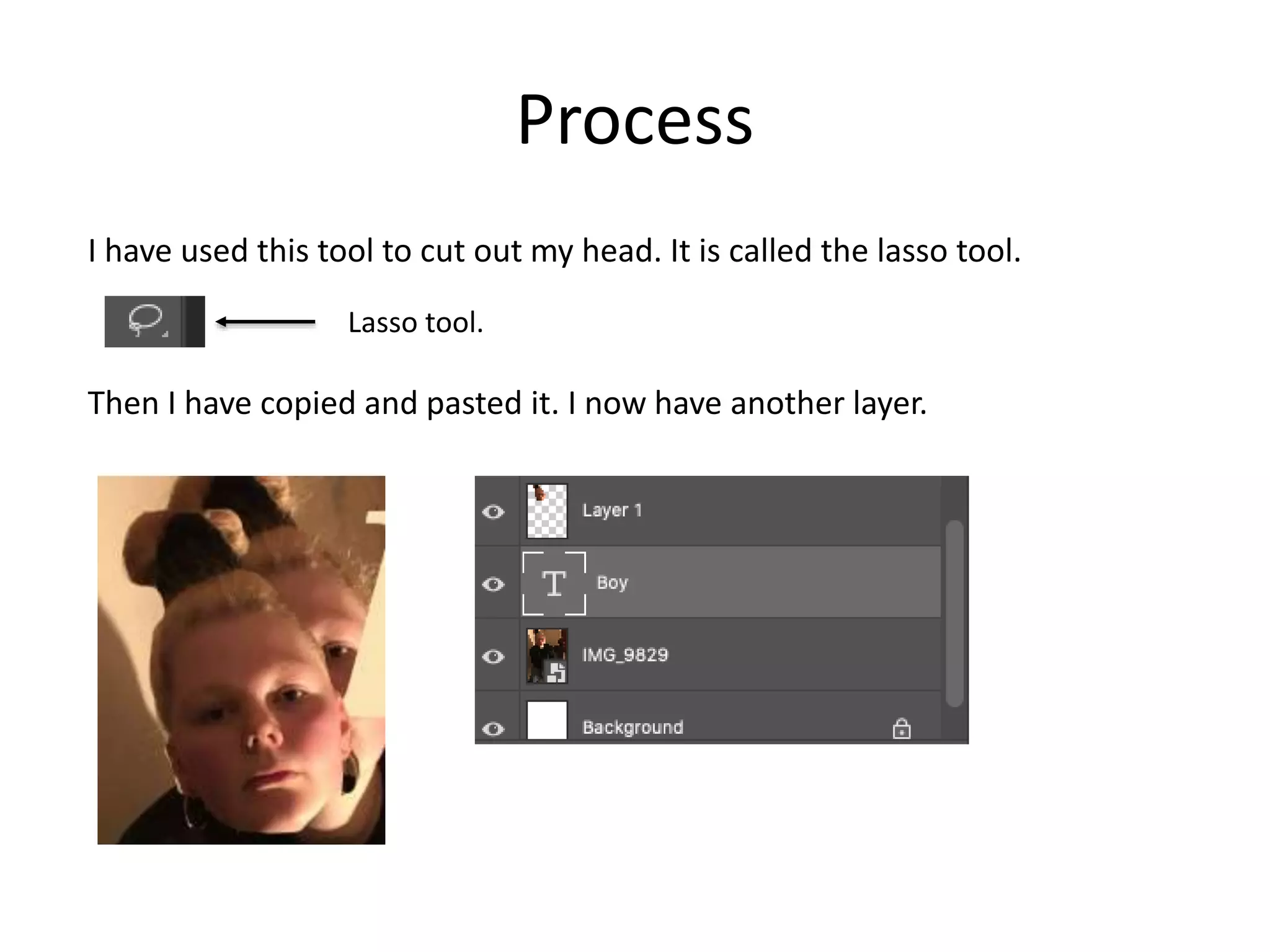 Process
I have used this tool to cut out my head. It is called the lasso tool.
Then I have copied and pasted it. I now have another layer.
Lasso tool.
 