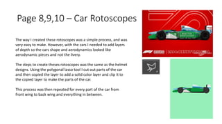 Page 8,9,10 – Car Rotoscopes
The way I created these rotoscopes was a simple process, and was
very easy to make. However, with the cars I needed to add layers
of depth so the cars shape and aerodynamics looked like
aerodynamic pieces and not the livery.
The steps to create theses rotoscopes was the same as the helmet
designs. Using the polygonal lasso tool I cut out parts of the car
and then copied the layer to add a solid color layer and clip it to
the copied layer to make the parts of the car.
This process was then repeated for every part of the car from
front wing to back wing and everything in between.
 