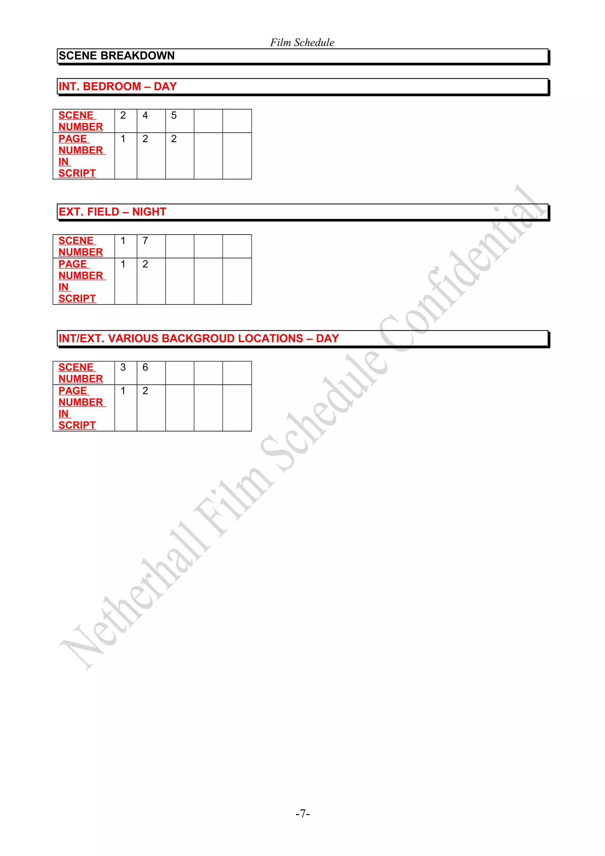 Film Schedule
SCENE BREAKDOWN
INT. BEDROOM – DAY
SCENE
NUMBER
PAGE
NUMBER
IN
SCRIPT

2

4

5

1

2

2

EXT. FIELD – NIGHT
SCENE
NUMBER
PAGE
NUMBER
IN
SCRIPT

1

7

1

2

INT/EXT. VARIOUS BACKGROUD LOCATIONS – DAY
SCENE
NUMBER
PAGE
NUMBER
IN
SCRIPT

3

6

1

2

-7-

 
