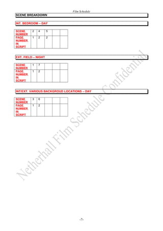 Film Schedule
SCENE BREAKDOWN
INT. BEDROOM – DAY
SCENE
NUMBER
PAGE
NUMBER
IN
SCRIPT

2

4

5

1

2

2

EXT. FIELD – NIGHT
SCENE
NUMBER
PAGE
NUMBER
IN
SCRIPT

1

7

1

2

INT/EXT. VARIOUS BACKGROUD LOCATIONS – DAY
SCENE
NUMBER
PAGE
NUMBER
IN
SCRIPT

3

6

1

2

-7-

 