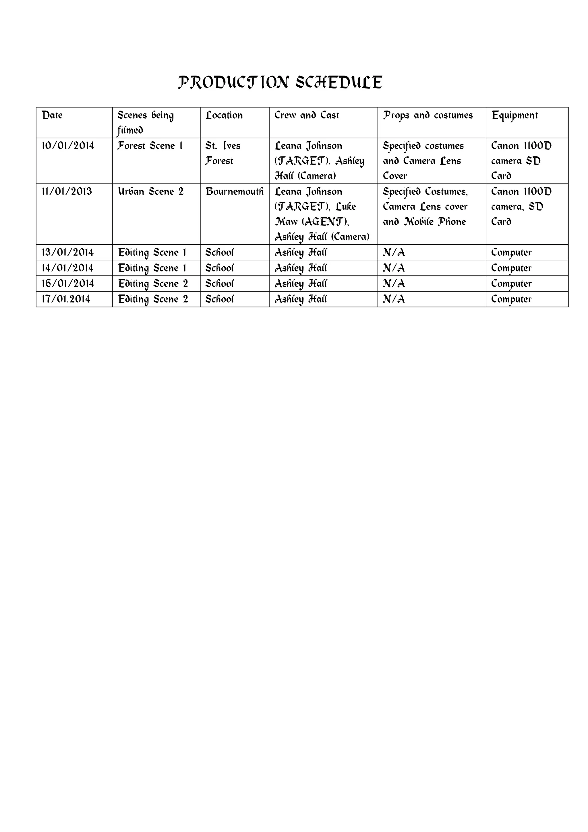 Production schedule | DOCX