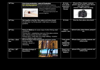 18th Dec End of pre-production, start of Production
Start collectingequipmenttobe able to filmwheninMallorca.
IPhone 6 Plusforfilming (useddue toautostabilisationandHDquality
camera,8 megapixels,goodfor
portabilityinthe environment)
- Alsoneedtogetprops and
costume together.
At home,
from media
department
and from
friends.
IPhone 6 Plus, charger, costume:
glasses, black shorts, t-shirt, flannel
shirt, Nike trainers.
Cannon 1100D camera for prop.
19th Dec Get together shot list, floor plans and story board
So that when my filming starts I shall have a complete
guideline.
At home Shot list, floor plans, story board
20th Dec Flying to Mallorca for seven days of which filming shall
commence.
Filming shot 1, establishing shot out of the plane window
when almost coming into land in Mallorca.
Filming shot 2, close slow mo of legs walking – location
aiport in Mallorca when landed.
Airport,
airplane , taxi,
Iphone 6 plus, plane tickets, passport
etc.
21st Dec – 23rd
Dec
Shoot footage of the backstreets and town centre
Filming anything
colourful, vibrant or
interesting.
Town centre
and
backstreets
of Palma De
Mallorca
IPhone 6 plus, possibly costume and
camera prop
24th Dec – 26th
Dec
Shooting footage of
Beachfront
Beach front
of Palma De
Mallorca
Iphone 6 Plus, possibly costume and
camera prop
 
