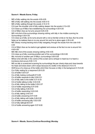 Scene 4 - Woods Scene, Friday
· M/S of billy walking into the woods 4:00-4:05
· M/S of billy still walking into the woods 4:05-4:10
· M/S of billy walking through the woods 4:10-4:15
· C/U over the shoulder shot of billy walking deeper into the woods 4:15-4:20
· C/U Close up of Billy’s face establishing his surroundings 4:20-4:25
· C/U of Billy’s face as he turns around 4:25-4:30
· M/S mid shot of the surroundings showing nothing with billy in the middle scanning his
· Surroundings 4:30-4:35
· C/U close up of billy as he turns around with a not so familiar smile on his face. But his smile
fades as he realises there is no one around him and he is alone again 4:35-4:40
· M/S Slowly moving tracking shot of billy navigating through the woods from the side 4:40-
4:45
· C/U of Billy’s face as he starts to get agitated and anxious at the fact no one is around him
4:45-4:50
· M/S Mid shot of the woods showing nothing 4:50-4:55
· C/U close up of billy scanning another part of his surroundings 4:55-5:00
· M/s mid shot of another part of Billy’s surroundings 5:00-5:05
· M/Sod shot with billy in the centre of the screen and a whisper is heard as it is heard a
trombone shot occurs 5:00- 5:10
· M/S as billy is scared and scanning his surroundings the pan slowly stops and rises towards
his head and slows down until it stops because of a bottle in the distance 5:10-5:15
· Shift focus of a close up of the bottle which then focuses on billy in the background 5:15-5:20
· C/u if billy waiting for a response 5:20-5:25
· C/u of bottle 5:25-5:27
· C/u of billy looking confused5:27-5:29
· C/u of bottle responds to billy 5:29-5:31
· C/u of billy talks to the bottle 5:31-5-33
· C/U of bottle talking to billy 5:33-5:35
· C/u of billy talking to the bottle 5:35-5:37
· C/U of bottle responding 5:37-5:40
· C/U of billy talking 5:40-5:43
· C/u of bottle responding 5:43-5:45
· C/u of billy talking 5:45-5:47
· c/U of bottle answering 5:47-5:49
· C/u of billy talking with bottle 5:49-5:52
· C/u of bottle answering billy 5:52-5:55
· C/U of billy talking5:55-5:57
· C/U of bottle answering again 5:57-6:00
Scene 4 - Woods, Scene (Continue Recording), Monday
 