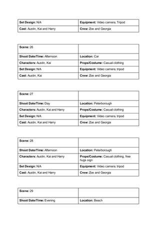 Set Design: N/A Equipment: Video camera, Tripod
Cast: Austin, Kai and Harry Crew: Zoe and Georgia
Scene:26
Shoot Date/Time:Afternoon Location: Car
Characters: Austin, Kai Props/Costume: Casual clothing
Set Design: N/A Equipment: Video camera, tripod
Cast: Austin, Kai Crew: Zoe and Georgia
Scene:27
Shoot Date/Time:Day Location: Peterborough
Characters: Austin, Kai and Harry Props/Costume: Casual clothing
Set Design: N/A Equipment: Video camera, tripod
Cast: Austin, Kai and Harry Crew: Zoe and Georgia
Scene:28
Shoot Date/Time:Afternoon Location: Peterborough
Characters: Austin, Kai and Harry Props/Costume: Casual clothing, free
hugs sign
Set Design: N/A Equipment: Video camera, tripod
Cast: Austin, Kai and Harry Crew: Zoe and Georgia
Scene:29
Shoot Date/Time:Evening Location: Beach
 