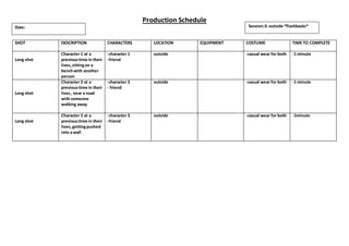 Production Schedule
Session:
SHOT DESCRIPTION CHARACTERS LOCATION EQUIPMENT COSTUME TIME TO COMPLETE
Long shot
Character 1 at a
previoustime in their
lives,sittingon a
benchwith another
person
-character 1
-friend
outside -casual wear for both -1 minute
Long shot
Character 2 at a
previoustime in their
lives, near a road
with someone
walking away
-character 2
- friend
outside -casual wear for both -1 minute
Long shot
Character 3 at a
previoustime in their
lives,gettingpushed
into a wall
-character 3
-friend
outside -casual wear for both -1minute
Session:3- outside *flashbacks*Date:
 