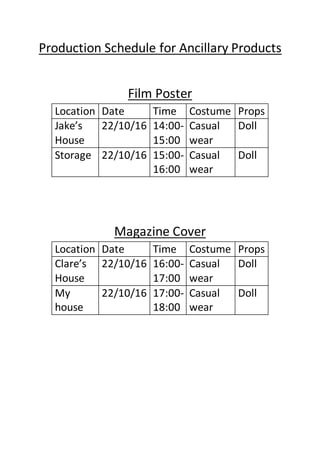 Production Schedule for Ancillary Products
Film Poster
Magazine Cover
Location Date Time Costume Props
Jake’s
House
22/10/16 14:00-
15:00
Casual
wear
Doll
Storage 22/10/16 15:00-
16:00
Casual
wear
Doll
Location Date Time Costume Props
Clare’s
House
22/10/16 16:00-
17:00
Casual
wear
Doll
My
house
22/10/16 17:00-
18:00
Casual
wear
Doll
 