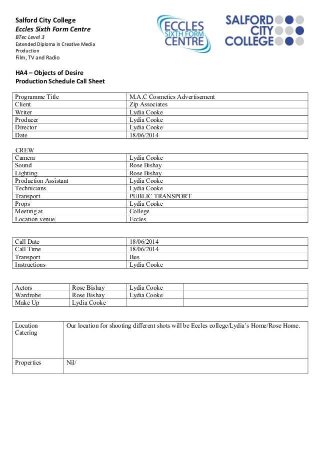 Production Schedule Call Sheet