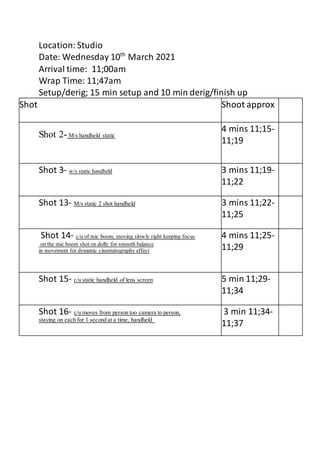 Location: Studio
Date: Wednesday 10th
March 2021
Arrival time: 11;00am
Wrap Time: 11;47am
Setup/derig; 15 min setup and 10 min derig/finish up
Shot Shoot approx
Shot 2- M/s handheld static
4 mins 11;15-
11;19
Shot 3- w/s static handheld 3 mins 11;19-
11;22
Shot 13- M/s static 2 shot handheld 3 mins 11;22-
11;25
Shot 14- c/u of mic boom, moving slowly right keeping focus
on the mic boom shot on dolly for smooth balance
in movement for dynamic cinematography effect
4 mins 11;25-
11;29
Shot 15- c/u static handheld of lens screen 5 min 11;29-
11;34
Shot 16- c/u moves from person too camera to person,
staying on each for 1 second at a time, handheld
3 min 11;34-
11;37
 