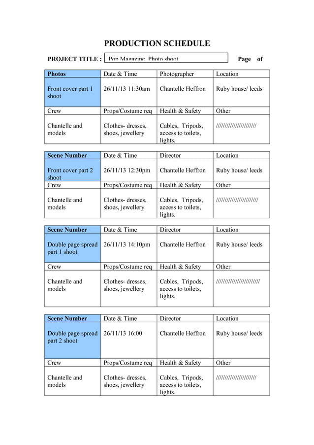 Production schedule shooting plan photoshoot PDF