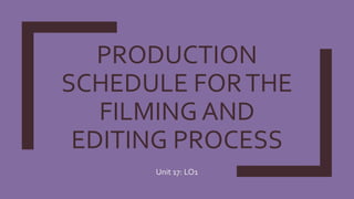 PRODUCTION
SCHEDULE FORTHE
FILMING AND
EDITING PROCESS
Unit 17: LO1
 