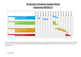 Production Schedule Update Week
                                                         Beginning 04/03/13




This week I will be doing the stuff I was supposed to do last week as complications arose. I have changed the schedule to what will be done when and will be finished this
week. As I have put the easy tasks together which will be done within a short period time, I hopefully may just have a bit of time to spare to start a task which I set for
myself next week.




     Charlotte Bracken
 