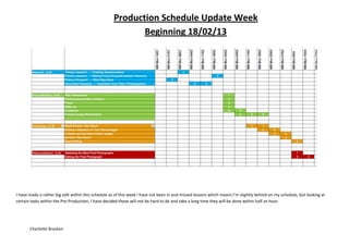 Production Schedule Update Week
                                                           Beginning 18/02/13




I have made a rather big edit within this schedule as of this week I have not been in and missed lessons which means I’m slightly behind on my schedule, but looking at
certain tasks within the Pre-Production, I have decided those will not be hard to do and take a long time they will be done within half an hour.




       Charlotte Bracken
 