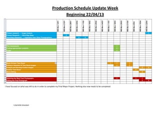Charlotte Bracken
Production Schedule Update Week
Beginning 22/04/13
I have focused on what was left to do in order to complete my Final Major Project. Nothing else now needs to be completed.
 