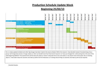 Production Schedule Update Week
                                                           Beginning 25/02/13




His is a newly updated schedule and rather big changes have been made to the actual schedule. Within the research, I have decided instead of actually doing a focus
group I will change that and do an Image analysis as I feel I can benefit more from that kind of research. As I have just changed this I will be doing this at the start of the
week beginning 04/03/13. The questionnaire will be done this week as I haven’t really dah time to do it last week as I was absent most of the week. Also on thinking
about it, I have taken away the costumes and make up within the Pre-Production as I’m doing natural things so costumes and make up will not be required.




     Charlotte Bracken
 