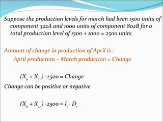 Suppose the production levels for march had been 1500 units of component 322A and 1000 units of component 802B for a total production level of 1500 + 1000 = 2500 units Amount of change in production of April is :   April production – March production = Change (X 11  + X 21  ) -2500 = Change Change can be positive or negative (X 11  + X 21  ) -2500 = I 1  - D 1 