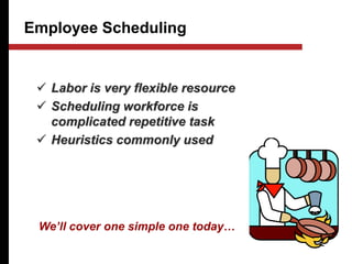 Employee Scheduling
 Labor is very flexible resource
 Scheduling workforce is
complicated repetitive task
 Heuristics commonly used
We’ll cover one simple one today…
 