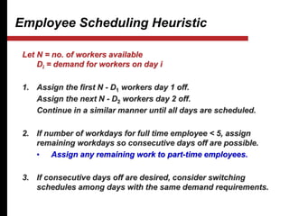 Employee Scheduling Heuristic
Let N = no. of workers available
Di = demand for workers on day i
1. Assign the first N - D1 workers day 1 off.
Assign the next N - D2 workers day 2 off.
Continue in a similar manner until all days are scheduled.
2. If number of workdays for full time employee < 5, assign
remaining workdays so consecutive days off are possible.
• Assign any remaining work to part-time employees.
3. If consecutive days off are desired, consider switching
schedules among days with the same demand requirements.
 