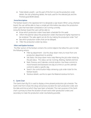 55 
 Ticket details area(5) : use this part of the form to see the production order details, the Job scheduling details, the tools used for the selected job and the finished good BOM details. 
Form Description 
The Kanban board is the Japanese term to designate a sign board. When using a Kanban board, the user will be able to have a simple yet informative view about the production order’s jobs that have been scheduled or are running currently. 
Using the Kanban board the users will be able to: 
 Know which production orders have been scheduled for this week 
 Inform the planner about the production orders that become highly important to be rendered. The sales agent can do this by making the production order “hot” 
 See which production orders that can be delayed. 
 Filter the production orders by status 
Filter and Update Sections 
The filter section of the Kanban contains the control objects that allow the users to take the following actions: 
 Filter by department : Use this drop-down menu to move from one production department to another 
 Job Status: the drop-down menu help filtering the job order tickets by the job status. This status can be: Coming, Waiting, Started and End. 
 Next, Previous and Calendar controls buttons: Use these controls to move forward and backward one day at a time or use the calendar control to select a specific day. 
 Search: the control button helps retrieving a job order ticket for the Kanban board. 
 Stockout details: use this to open the Material stockout list form. 
4. Gantt Chart 
The Gantt chart (fig.35) is used to display a time-phased production job schedule. The Gantt chart form shows the setup and process duration for each production order and the date and time at which they have been scheduled. The main purpose of the Gantt chart is primary to show the duration of each work order (production order) and secondary to make the production order rescheduling possible.  