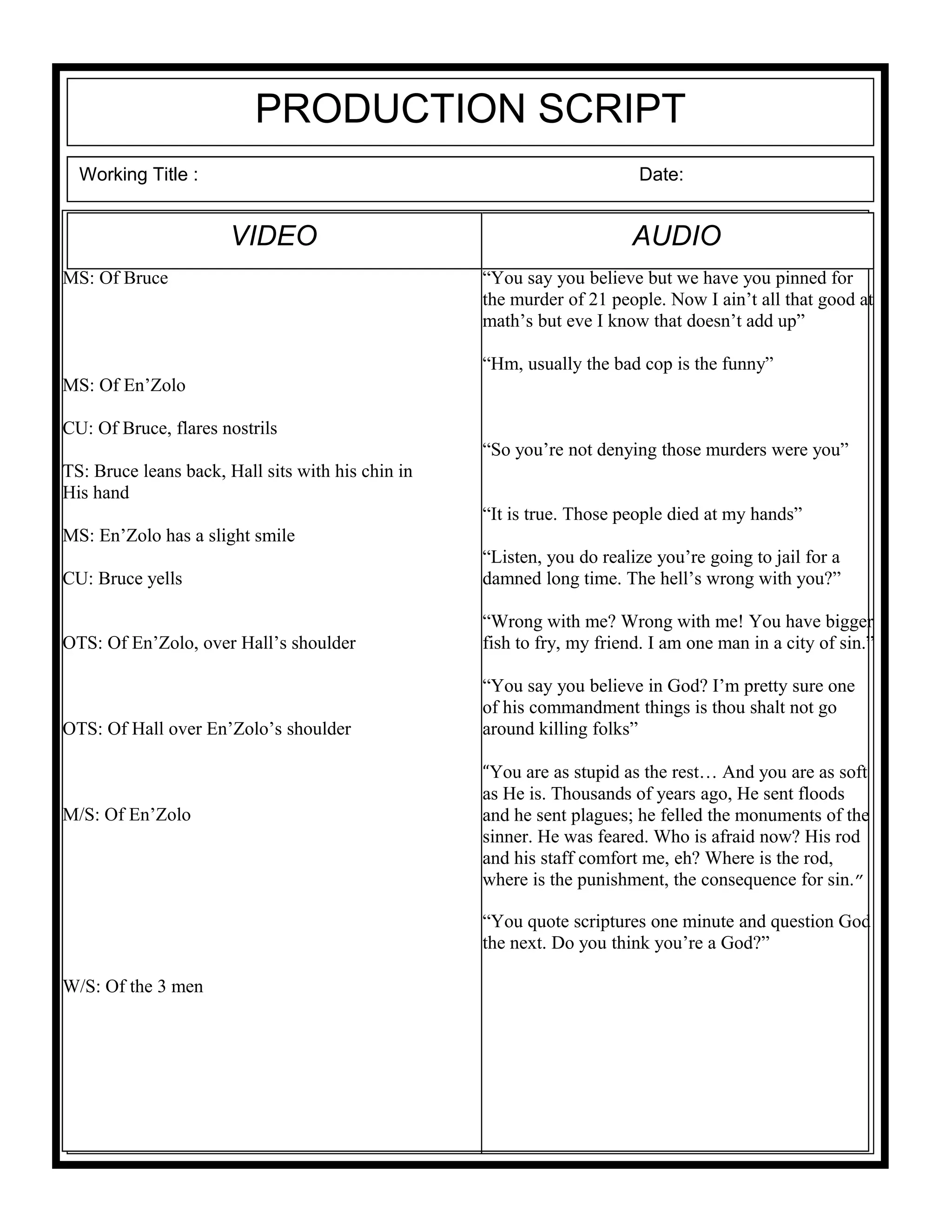 PRODUCTION SCRIPT
Working Title : Date:
AUDIOVIDEO
MS: Of Bruce
MS: Of En’Zolo
CU: Of Bruce, flares nostrils
TS: Bruce leans back, Hall sits with his chin in
His hand
MS: En’Zolo has a slight smile
CU: Bruce yells
OTS: Of En’Zolo, over Hall’s shoulder
OTS: Of Hall over En’Zolo’s shoulder
M/S: Of En’Zolo
W/S: Of the 3 men
“You say you believe but we have you pinned for
the murder of 21 people. Now I ain’t all that good at
math’s but eve I know that doesn’t add up”
“Hm, usually the bad cop is the funny”
“So you’re not denying those murders were you”
“It is true. Those people died at my hands”
“Listen, you do realize you’re going to jail for a
damned long time. The hell’s wrong with you?”
“Wrong with me? Wrong with me! You have bigger
fish to fry, my friend. I am one man in a city of sin.”
“You say you believe in God? I’m pretty sure one
of his commandment things is thou shalt not go
around killing folks”
“You are as stupid as the rest… And you are as soft
as He is. Thousands of years ago, He sent floods
and he sent plagues; he felled the monuments of the
sinner. He was feared. Who is afraid now? His rod
and his staff comfort me, eh? Where is the rod,
where is the punishment, the consequence for sin.”
“You quote scriptures one minute and question God
the next. Do you think you’re a God?”