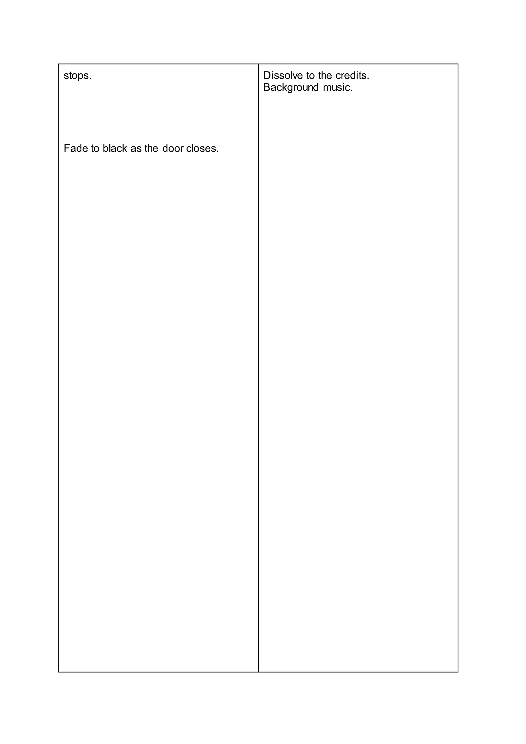 stops.
Fade to black as the door closes.
Dissolve to the credits.
Background music.
 