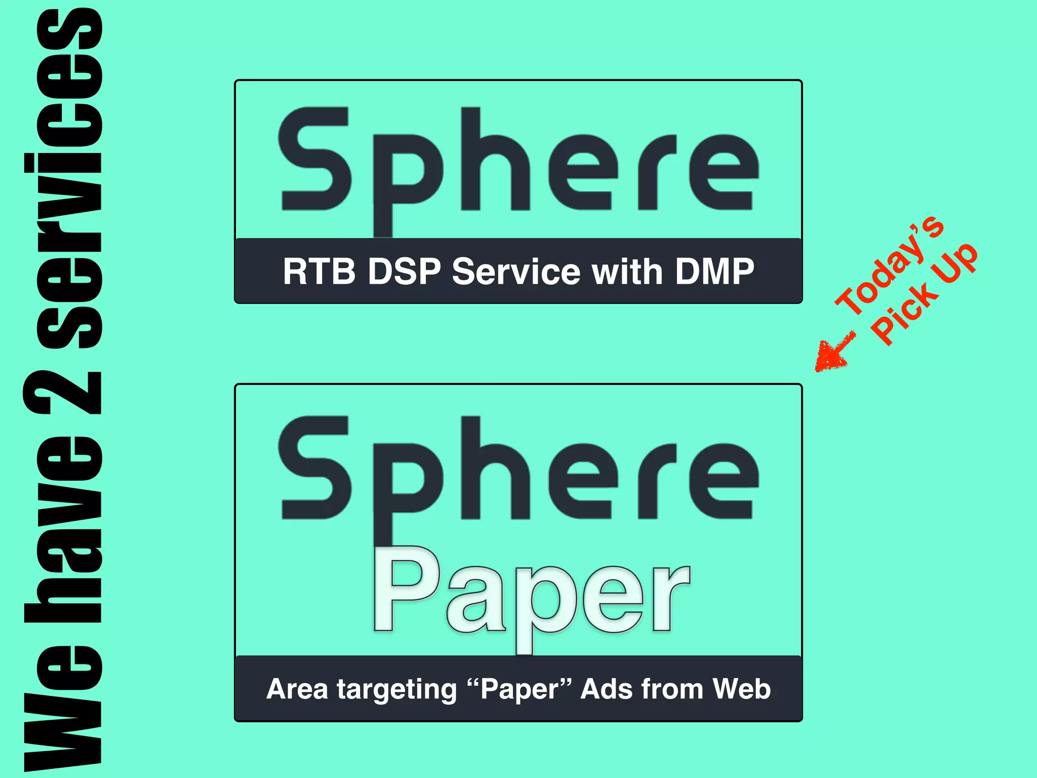 RTB DSP Service with DMP
Wehave2services
Paper
Area targeting “Paper” Ads from Web
Paper
Today’s
Pick
U
p
 