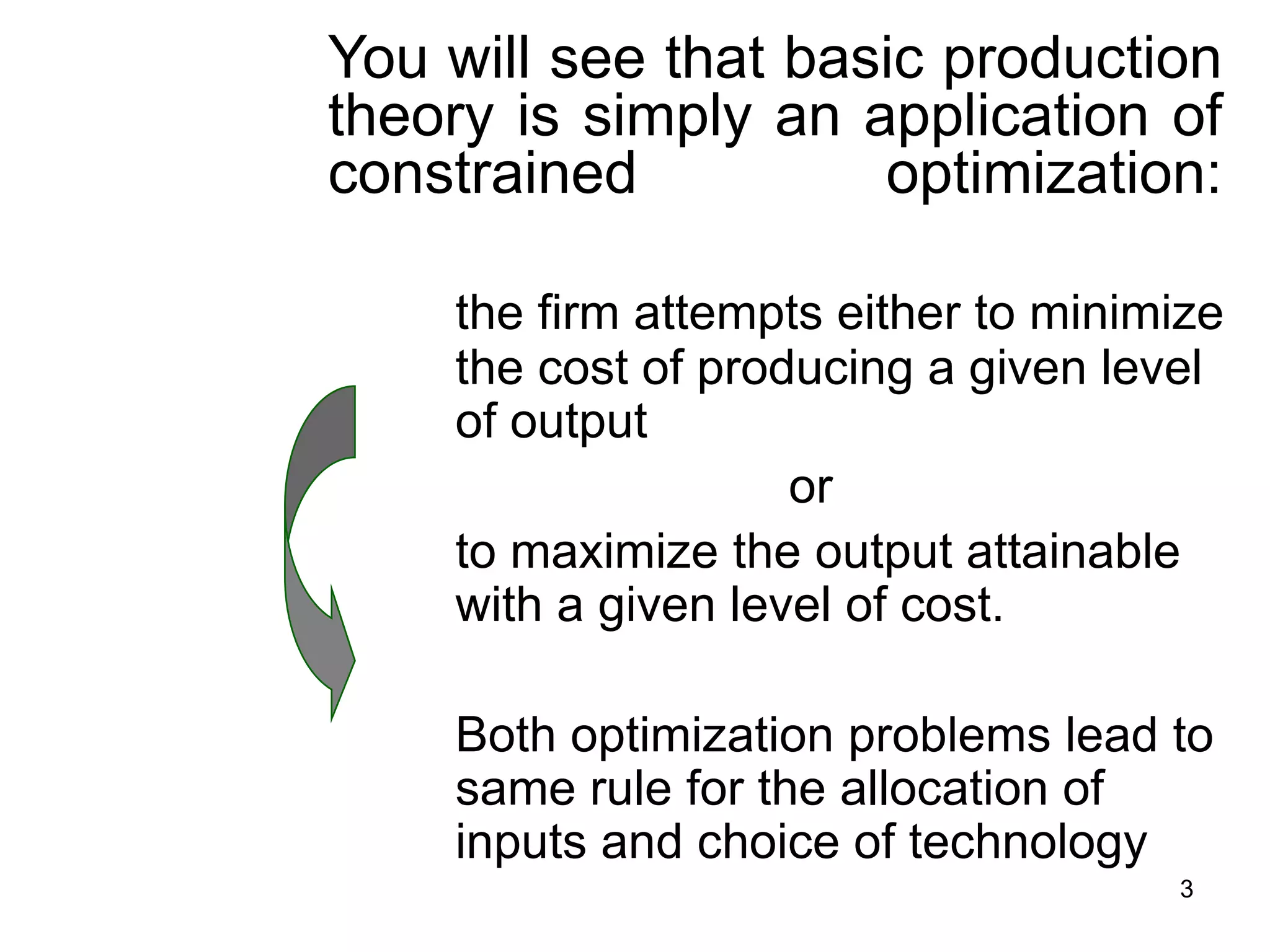 3
You will see that basic production
theory is simply an application of
constrained optimization:
the firm attempts either to minimize
the cost of producing a given level
of output
or
to maximize the output attainable
with a given level of cost.
Both optimization problems lead to
same rule for the allocation of
inputs and choice of technology
 