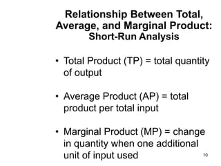 10
Relationship Between Total,
Average, and Marginal Product:
Short-Run Analysis
• Total Product (TP) = total quantity
of output
• Average Product (AP) = total
product per total input
• Marginal Product (MP) = change
in quantity when one additional
unit of input used
 