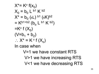 35
X*= Kv f(x0)
X0 = b0 L b1 K b2
X* = b0 (kL) b1 (kK)b2
= Kb1+b2 (bo L b1 K b2)
=Kv f (X0)
(V=b1 + b2)
 X* = K v f (Xo)
In case when
V=1 we have constant RTS
V>1 we have increasing RTS
V<1 we have decreasing RTS
 