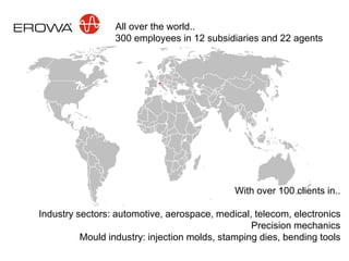 All over the world..
                  300 employees in 12 subsidiaries and 22 agents




                                              With over 100 clients in..

Industry sectors: automotive, aerospace, medical, telecom, electronics
                                                  Precision mechanics
          Mould industry: injection molds, stamping dies, bending tools
 