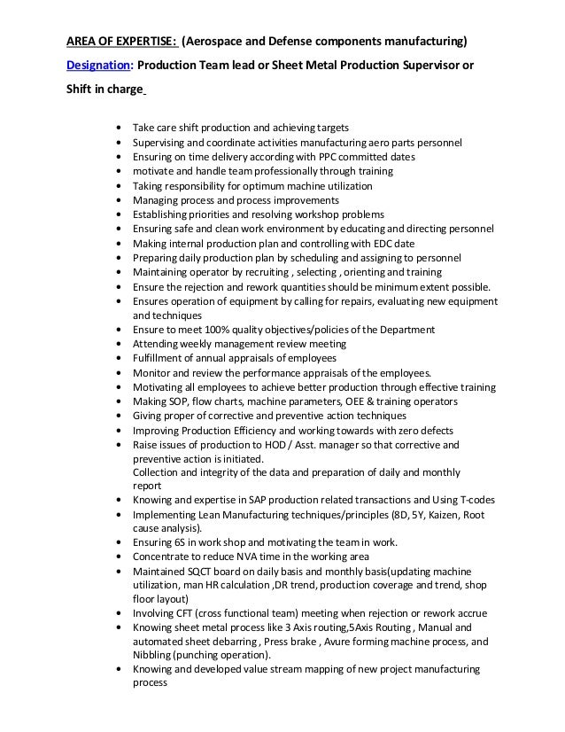 manufacturing supervisor resume