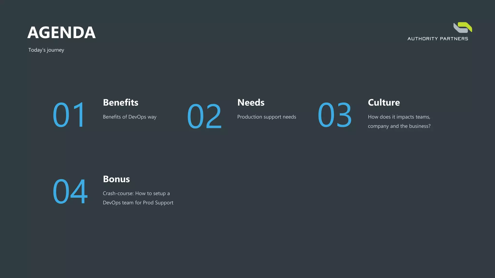 Benefits
Benefits of DevOps way
01
Needs
Production support needs
02
Culture
How does it impacts teams,
company and the business?03
Bonus
Crash-course: How to setup a
DevOps team for Prod Support04
AGENDA
Today’s journey