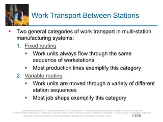 ©2008 Pearson Education, Inc., Upper Saddle River, NJ. All rights reserved. This material is protected under all copyright laws as they currently exist.
No portion of this material may be reproduced, in any form or by any means, without permission in writing from the publisher. For the exclusive use of adopters of the book
Automation, Production Systems, and Computer-Integrated Manufacturing, Third Edition, by Mikell P. Groover. (12/28)
Work Transport Between Stations
 Two general categories of work transport in multi-station
manufacturing systems:
1. Fixed routing
 Work units always flow through the same
sequence of workstations
 Most production lines exemplify this category
2. Variable routing
 Work units are moved through a variety of different
station sequences
 Most job shops exemplify this category
 
