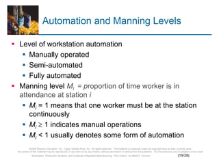 ©2008 Pearson Education, Inc., Upper Saddle River, NJ. All rights reserved. This material is protected under all copyright laws as they currently exist.
No portion of this material may be reproduced, in any form or by any means, without permission in writing from the publisher. For the exclusive use of adopters of the book
Automation, Production Systems, and Computer-Integrated Manufacturing, Third Edition, by Mikell P. Groover. (19/28)
Automation and Manning Levels
 Level of workstation automation
 Manually operated
 Semi-automated
 Fully automated
 Manning level Mi = proportion of time worker is in
attendance at station i
 Mi = 1 means that one worker must be at the station
continuously
 Mi  1 indicates manual operations
 Mi < 1 usually denotes some form of automation
 