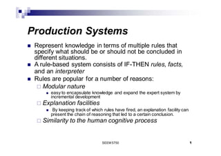 Production Systems
◼ Represent knowledge in terms of multiple rules that
specify what should be or should not be concluded in
different situations.
◼ A rule-based system consists of IF-THEN rules, facts,
and an interpreter
◼ Rules are popular for a number of reasons:
 Modular nature
◼ easy to encapsulate knowledge and expand the expert system by
incremental development
 Explanation facilities
◼ By keeping track of which rules have fired, an explanation facility can
present the chain of reasoning that led to a certain conclusion.
 Similarity to the human cognitive process
1
SEEM 5750
 