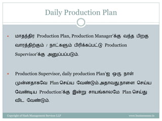 Daily Production Plan


     மொைந்ைிை Production Plan, Production Manager’க்கு ேந்ை பிைகு

      ேொைத்ைிற்கும் / நொட்களும் பிரிக்கப்பட்டு Production

      Supervisor’க்கு அனுப்பப்படும்.



     Production Supervisor, daily production Plan’ஐ ஒரு நொள்

      முன்னைொகவே Plan செய்ய வேண்டும்.அைொேது,நொரள செய்ய

      வேண்டிய Production’க்கு இன்று ெொயங்கொைவம Plan செய்து

      ேிட வேண்டும்.


Copyright of Hash Management Services LLP                   www.businessense.in
 