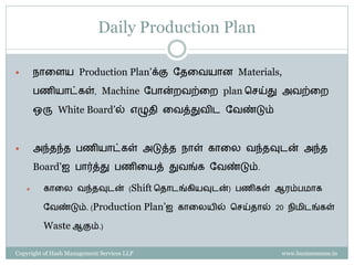 Daily Production Plan

       நொரளய Production Plan’க்கு வைரேயொன Materials,

        பணியொட்கள், Machine வபொன்ைேற்ரை plan செய்து அேற்ரை

        ஒரு White Board’ல் எழுைி ரேத்துேிட வேண்டும்



       அந்ைந்ை பணியொட்கள் அடுத்ை நொள் கொரை ேந்ைவுடன் அந்ை

        Board’ஐ பொர்த்து பணிரயத் துேங்க வேண்டும்.

        கொரை ேந்ைவுடன் (Shift சைொடங்கியவுடன்) பணிகள் ஆைம்பமொக

         வேண்டும். (Production              Plan’ஐ   கொரையில் செய்ைொல் 20 நிமிடங்கள்

         Waste ஆகும்.)

Copyright of Hash Management Services LLP                                www.businessense.in
 