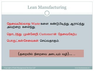 Lean Manufacturing


   வைரேயில்ைொை/ Waste’கரள கண்டுபிடித்து, ஆைொய்ந்து
   அேற்ரை கரளந்து,

   சைொடர்ந்து முன்வனைி, Customer’ன் வைரேவகற்ப

   சபொருட்கள்/வெரேகள் செய்ேைொகும்.




                  (குரைேில்            நிரைரே அரடயும் ேழி   )… …


Copyright of Hash Management Services LLP                      www.businessense.in
 