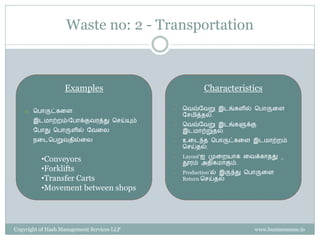 Waste no: 2 - Transportation



                   Examples                           Characteristics

       சபொருட்கரள                          •   சேவ்வேறு இடங்களில் சபொருரள
                                                வெமித்ைல்.
        இடமொற்ைம்/வபொக்குேைத்து செய்யும்
                                            •   சேவ்வேறு இடங்களுக்கு
        வபொது சபொருளில் வேரை                    இடமொற்றுைல்.
        நரடசபறுேைில்ரை                      •   உரடந்ை சபொருட்கரள இடமொற்ைம்
                                                செய்ைல்.
                                                Layout’ஐ முரையொக ரேக்கொைது _
          •Conveyors                        •
                                                தூைம் அைிகமொகும்.
          •Forklifts                        •   Production’ல் இருந்து சபொருரள
          •Transfer Carts                       Return செய்ைல்
          •Movement between shops




Copyright of Hash Management Services LLP                             www.businessense.in
 