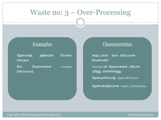Waste no: 3 – Over-Processing



                    Examples                                     Characteristics

    •   வைரேக்கு        அைிகமொக         வேரை          •   கஷ்டமொன / கொை ேிையமொன
        செய்ைல் .                                         வேரைகள்.

    •   ெிை         வேரைகரள                 Combine   •   Customer’ன் வைரேகரள ெரியொக
        செய்யைொம்                                         புரிந்து சகொள்ளொைது.

                                                      •   வைரேயில்ைொை Approval Process.


                                                      •   வைரேக்கைிகமொன Copies / Information.




Copyright of Hash Management Services LLP                                        www.businessense.in
 