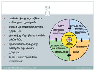 5S

     பணியிடத்ரை பைொமரிக்க 5
      எளிய நரடமுரைகள்

     எல்ைொ முன்வனற்ைத்ைிற்கும்
      முைல் படி

     அரனத்து சைொழிைொளர்களின்
      பங்சகடுப்பு

     வைரேயில்ைொைேற்ரை
      கண்டுபிடித்து கரளய
      முடியும்.

     To put it simply “Work Place
      Organization”


Copyright of Hash Management Services LLP        www.businessense.in
 