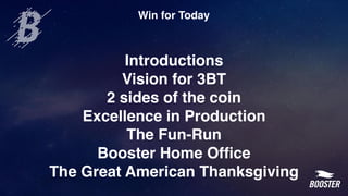 Win for Today
Introductions
Vision for 3BT
2 sides of the coin
Excellence in Production
The Fun-Run
Booster Home Ofﬁce
The Great American Thanksgiving
 