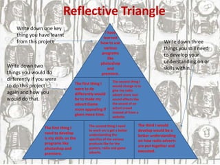 Reflective Triangle
Write down one key
thing you have learnt
from this project
Write down two
things you would do
differently if you were
to do this project
again and how you
would do that.
Write down three
things you still need
to develop your
understanding on or
skills within.
I have
learned
how to use
various
programs
like
photoshop
and
premiere.
The first thing I
were to do
differently would
be to make my
advert Game
more appealing if
given more time.
The second thing I
would change is to
give my radio
advert more real
sound effects like
the sound of an
actual crowd
instead of from a
website.
The first thing I
need to develop
is my skills on the
programs like
photoshop and
premiere.
The second thing I need
to work on is get a better
understanding the
specifics of the various
products like for the
posters, radio and game
adverts.
The third I would
develop would be a
better understanding
on how radio adverts
are put together and
executed.
 