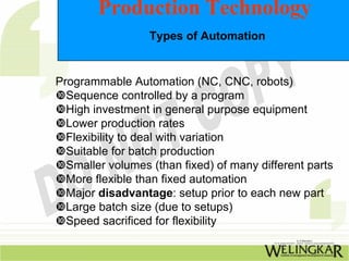 Production Technology
                  Types of Automation


Programmable Automation (NC, CNC, robots)
  Sequence controlled by a program
  High investment in general purpose equipment
  Lower production rates
  Flexibility to deal with variation
  Suitable for batch production
  Smaller volumes (than fixed) of many different parts
  More flexible than fixed automation
  Major disadvantage: setup prior to each new part
  Large batch size (due to setups)
  Speed sacrificed for flexibility
 